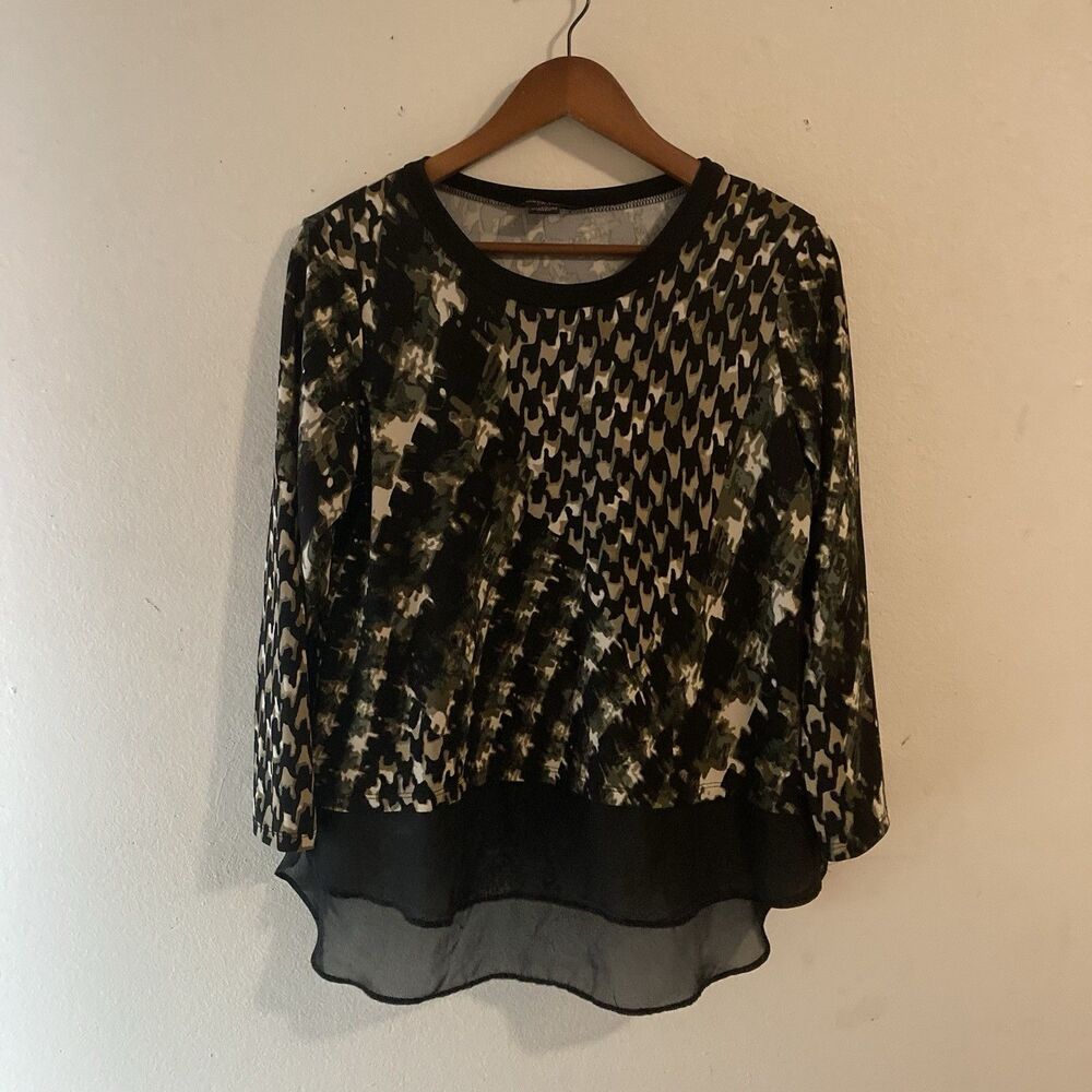 SUNNY TAYLOR black tan gray geometric long sleeve hi-low hem top PL
